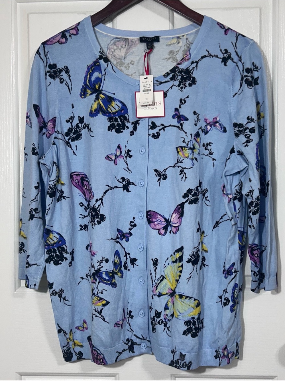 NWT Talbots 1X Monarch Meadow Blue Butterfly Print Button Front Cardigan Sweater